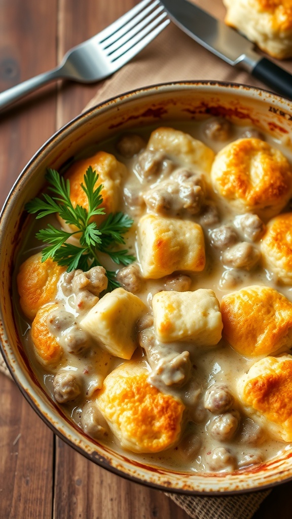A golden biscuit and gravy casserole with sausage gravy, garnished with parsley, on a wooden table.